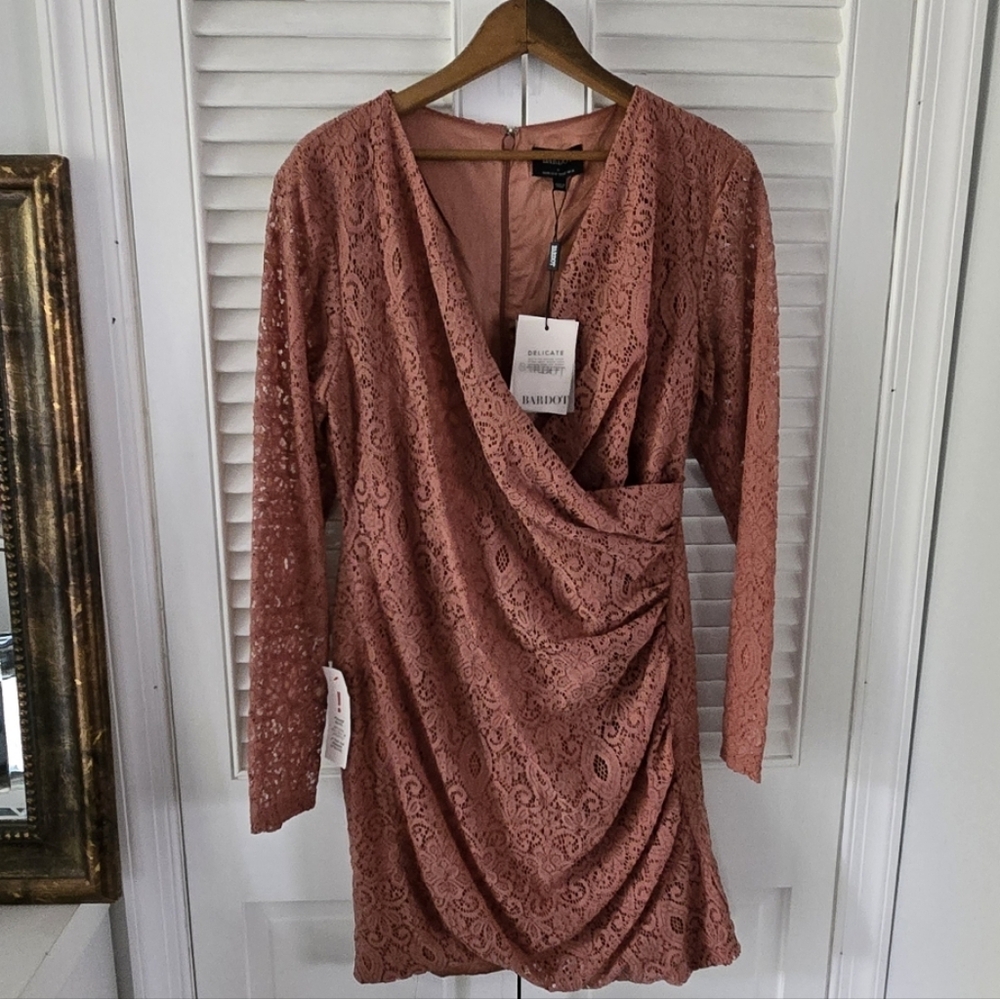 Bardot Isla Copper Lace Draped Mini Dress NWT